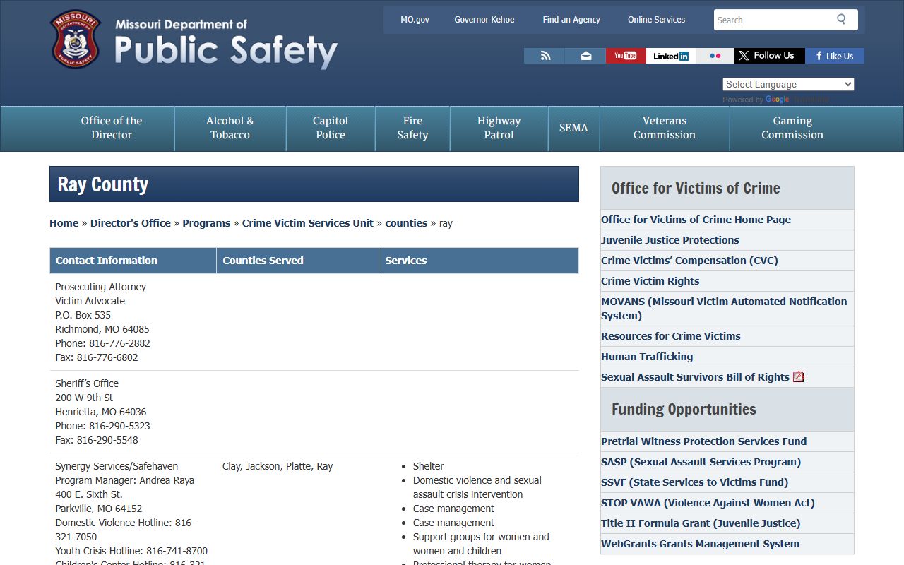 Ray County criminal court records Missouri DPS victim services