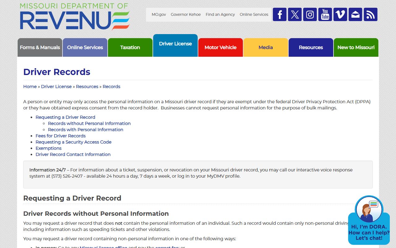 Ray County traffic court records Missouri DOR driver record request page