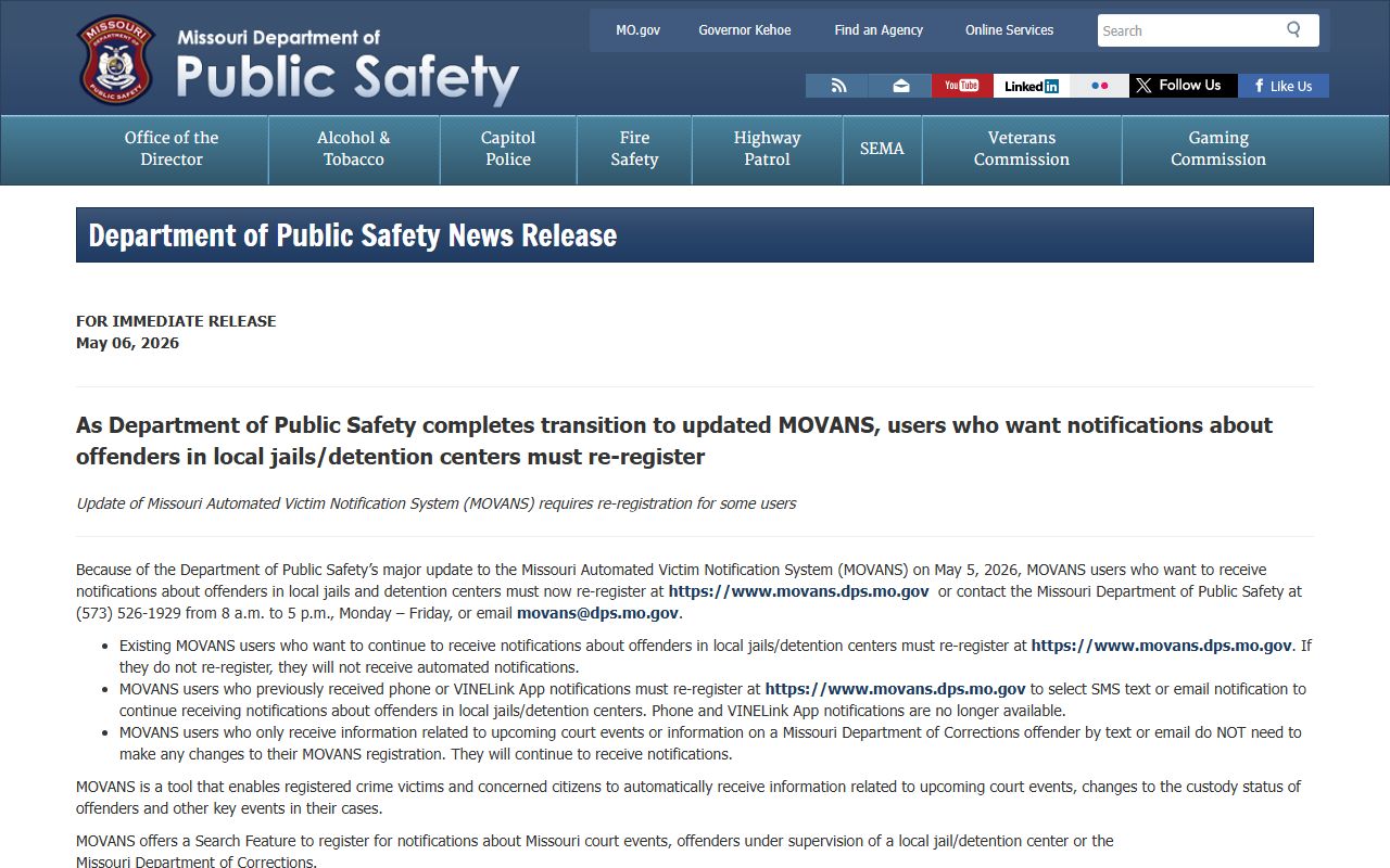 Ray County warrant records Missouri DPS MOVANS update